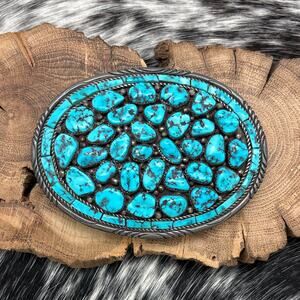 1970s Native American NAVAJO Sterling Turquoise Cluster Cobblestone Belt Buckle